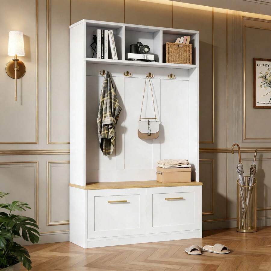 Hall Trees - Natural+White + MDF + Particle Board - View 1