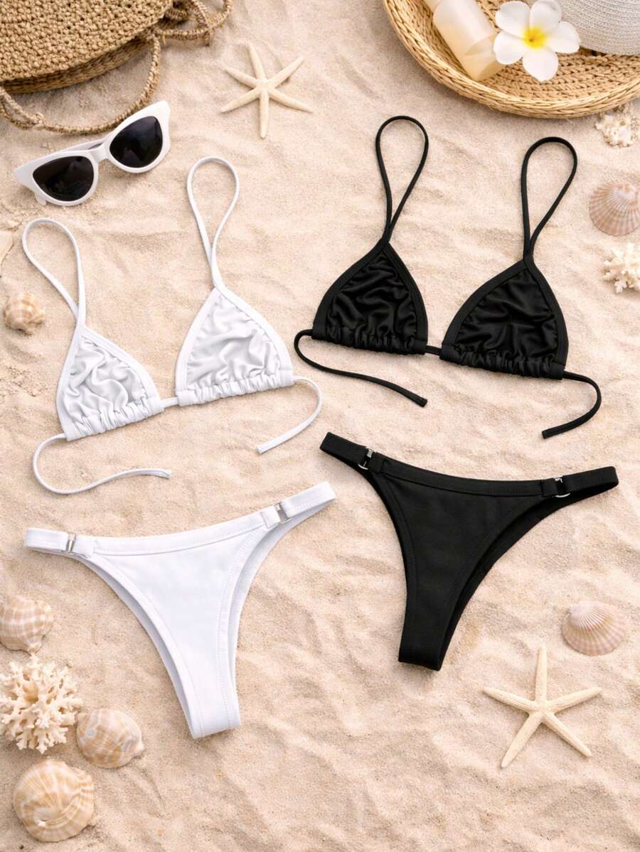 Set Of 2 Women's Adjustable Triangle Bikini Bottoms With Thong Style For Summer And Beach Use. - Black and White - View 1