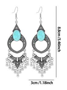 一对波西米亚风仿绿松石几何耳环，适合女性日常佩戴和作为礼物 - 復古銀色 - 查看 3