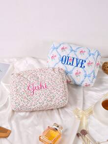 客製化刺繡化妝包，可客製姓名，粉色花卉格紋絎縫化妝包，伴娘新娘化妝收納袋，適用婚禮與新娘派對，大容量旅行化妝包，送禮首選 - 彩色 - 查看 5