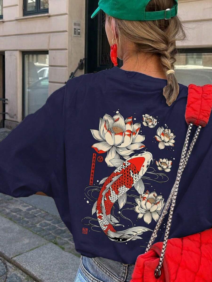 女士夏季字母印花圆领短袖T恤，休闲宽松百搭度假风上衣，时尚夏季日常及假日穿着 - 藏蓝色 - 查看 1