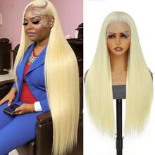 28英寸长柔软直发黑色卡尼卡隆合成耐热纤维13x6高清蕾丝前假发，带预先拔毛的婴儿发，无需胶水 - 彩色 - 查看 12