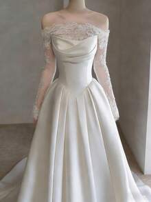 Elegant Boat Neck Wedding Dress With Exposed Shoulder Long Sleeves And Open Back In Satin – Sophisticated Floor-Length A-Line Gown Featuring A Graceful Wide Neckline, Full-Length Sleeves With Shoulder Cutout, Daring Rear Cutout, And Lustrous Satin Silhouette, Perfect For Weddings, Christmas Galas, Halloween Balls, Formal Dances, Birthday Celebrations, And Special Evening Events. A Versatile Choice For Wedding Receptions, Holiday Parties, Anniversary Dinners, Luxury Getaways, Black-Tie Occasions, Cocktail Gatherings, Bridal Showers, Wedding Guest Attire, Graduation Formals, Homecoming Events, And As A Timeless Bridesmaid Or Festive Evening Gown. - 白色 - 查看 2