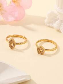 Bộ 2 chiếc nhẫn thép không gỉ mạ vàng kiểu dáng tối giản, hình vuông và tròn, đính nhiều viên kim cương trắng nhỏ, thích hợp cho nữ đeo hàng ngày hoặc làm quà tặng. - Vàng - Xem 3