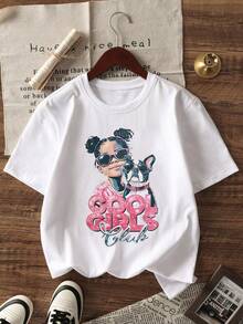 1pc Young Girl Summer European And American Style Short Sleeve T-Shirt, Cool Glasses Girl With Dog Print, Glitter Letter "COOL GIRLS Club" Casual Top - White - View 3