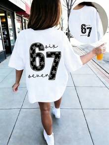 少女星元素六七67卡通印花T恤，时尚休闲百搭上衣，适合女孩日常休闲穿着 - 白色 - 查看 1