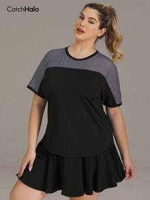 Plus Size Women's Mesh Patchwork Short Sleeve Sports T-Shirt, Contrast Trim Curved Hem, Loose Breathable Summer Fitness Yoga Top - Multicolor - View 3