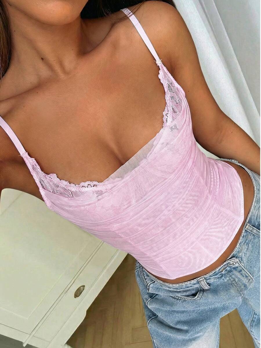 Áo camisole corset ren và lưới quyến rũ, gợi cảm, thích hợp cho hẹn hò, tiệc tùng, trang phục mùa hè nóng bỏng. - Hồng - Xem 1