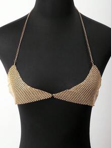 1pc Women's Fashionable Sexy Summer Beach Bikini Accessory, Multi-Row Rhinestone Chest Chain & Body Chain - Gold - View 5