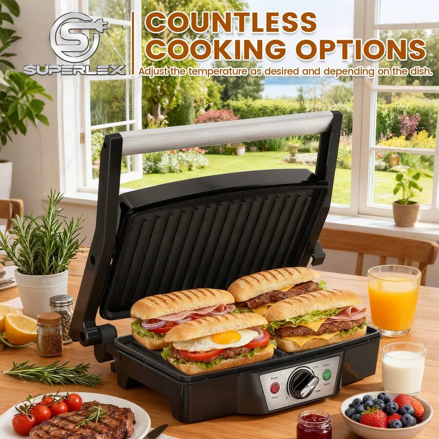 SUPERLEX Bbq Gril Sandwich Maker 1500W, 180° Fully Open Design, Equipped With Non-Stick Cooking Plate, Equipped With Precise Temperature Control System, With Anti-Scalding Handle, Suitable For Making Kitchen Breakfast Sandwiches, Steak, Seafood And Panini