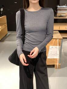 Thick Brushed Fitted Crew Neck Long Sleeve Elastic Knit Base Layer Top - Grey - View 4