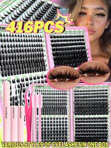 Eimny 416pcs Clusters Lashes Book High Capacity Lashes Kit, D Curl Lash Clusters Multiple Styles Mixed 8-16mm Mega Volume Individual Lashes Wispy Lashes Cluster Lash Set, Soft & Voluminous, Suitable Makeup, Eyelash Extension, Short Lashes, Lashes, Eyelash Extension At Home - Multicolor - View 1