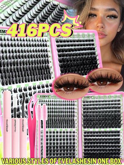 Eimny 416pcs Cluster Eyelash Book, High Capacity Eyelash Set, D-Curl Mixed Styles 8-16mm Extra Large Volume Individual Lashes, Fluffy & Natural, Suitable For Makeup, Eyelash Extension, Short Lashes, Lash Extension At Home