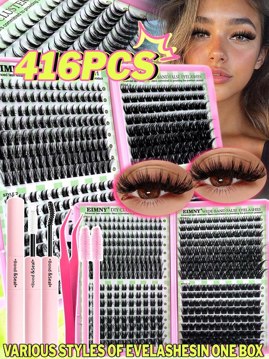 Eimny 416pcs Clusters Lashes Book High Capacity Lashes Kit, D Curl Lash Clusters Multiple Styles Mixed 8-16mm Mega Volume Individual Lashes Wispy Lashes Cluster Lash Set, Soft & Voluminous, Suitable Makeup, Eyelash Extension, Short Lashes, Lashes, Eyelash Extension At Home - Multicolor - View 1