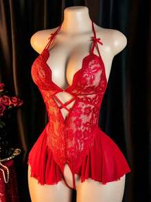 Sexy Lingerie, Open Crotch Design, Floral Lace Patchwork Ruffle Elegant Ladies Teddy, Bedroom Seduction Outfit - Red - View 1