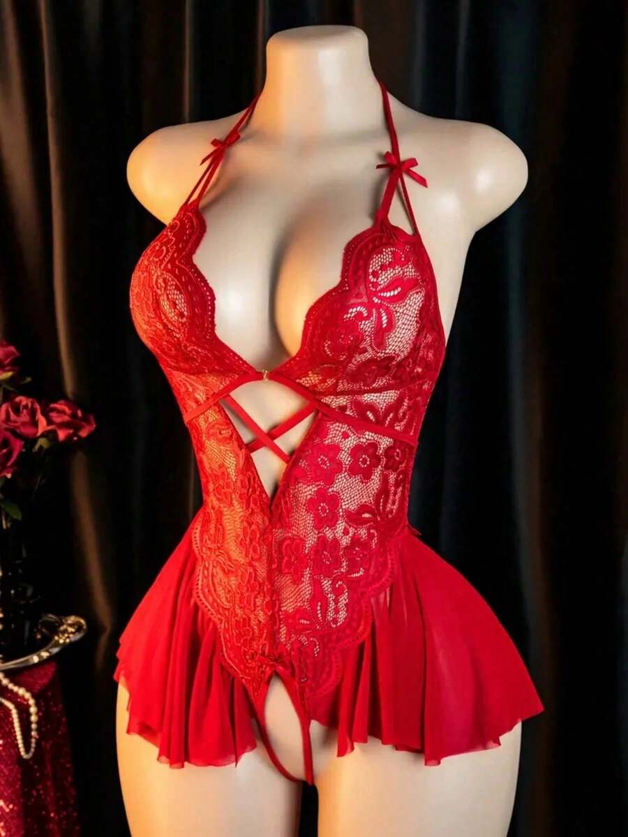 Sexy Lingerie, Open Crotch Design, Floral Lace Patchwork Ruffle Elegant Ladies Teddy, Bedroom Seduction Outfit - Red - View 1