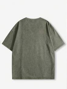 American Retro Style, 230g Heavyweight Washed Distressed Short-Sleeved T-Shirt For Men. High-Weight Pure Cotton, Thick And Opaque, With A Snowflake Wash Process. Loose, Drop-Shoulder, Oversized Fit. Street Style, Versatile, Basic, Suitable For Everyday Wear, Commuting, And Casual Wear. - 綠色 - 查看 5