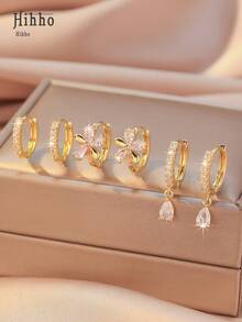 Hihho 6pcs Set Elegant Zirconia Stud Earrings, Classic Retro Design Luxury Minimalist Earring Set, Suitable For Daily Stacking Or Single Wear, Best Gift For Friends - Gold - View 4