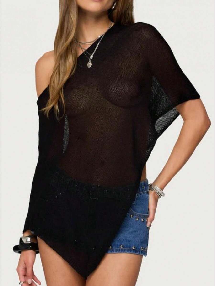 Women's Sheer Ponchos Off Shoulder Short Sleeve Solid Color T-Shirts Asymmetrical Knit Tops - 黑色 - 查看 1