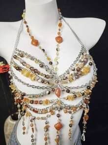 2026 Spring/Summer New Chiffon Shawl, Bikini Accessories, Unisex Body Chain, Sexy Pearl Chest Chain Lingerie, Exotic Transparent Bra Decor For Beach, Party, Holiday, Music Festival - 棕色 - 查看 6