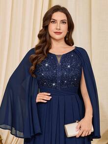 Vestido Longo de Chiffon com Decote V Profundo, Renda Floral com Lantejoulas, Bainha com Babado Contrastante, Adequado para Bailes, Festas Formais, Convidados de Casamento, Ocasiões Formais, Cerimônias de Formatura, Galas, Etc. Primavera - Azul Marinho - Visão 9