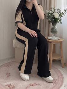 Tenue de ville décontractée pour femme, veste ample à manches courtes avec empiècement contrasté confortable + pantalon droit à jambes droites avec rayures contrastées, ensemble 2 pièces noir élégant pour l'été - Noir - Voir 4