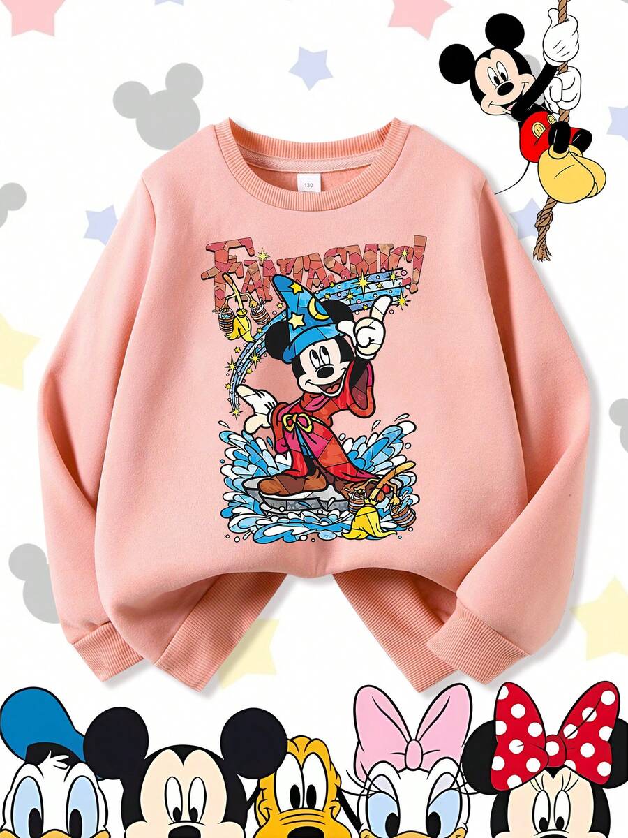 Disney Fantasmic Sorcerer Mickey Mouse Magic Show Comfortable Print Young Girls' Long Sleeve Sweatshirt, Suitable For Autumn/Winter, Lightweight And Cozy, Great For Layering In Fall, Fashionable Casual Wear, Graphic Design, Back To School Season, Autumn, Back To School Party, Suitable For Outdoor Picnic, Street Photography, Home, Campus, Holidays, New Year Gift - Hồng - Xem 1