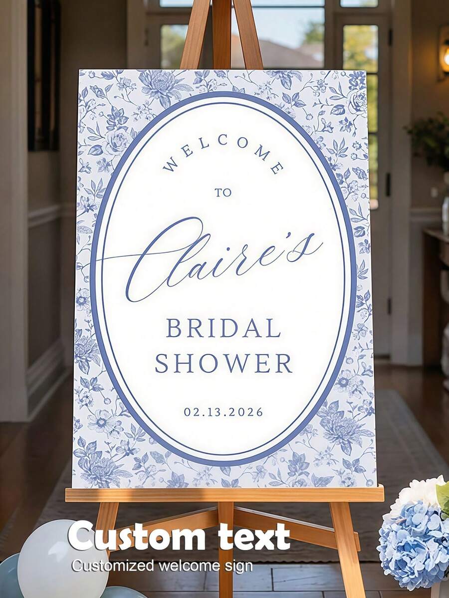 Customizable Bridal Shower Welcome Sign, Blue Floral Pattern Personalized Wedding Party Welcome Sign, Custom Bridal Party Decoration, Foam Board Welcome Sign Suitable For Display On An Easel. - Multicolor 01 - View 1