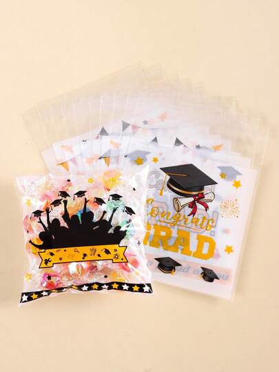 50/100入畢業自黏式禮品袋「Congratulations Graduation」畢業帽圖案 OPP 自封禮品包裝袋，派對小禮品與紀念品，2026畢業派對裝飾