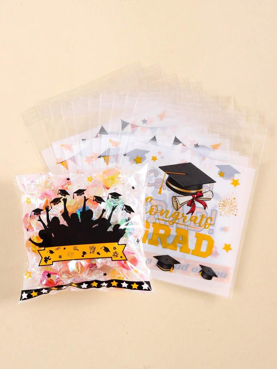 50/100入畢業自黏式禮品袋「Congratulations Graduation」畢業帽圖案 OPP 自封禮品包裝袋,派對小禮品與紀念品,2026畢業派對裝飾 - 彩色 - 查看 1