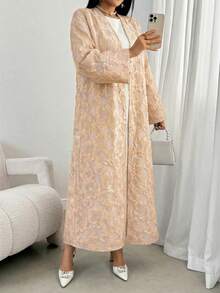 Women's Elegant Jacquard Flare Sleeve Loose Arabic Abaya Robe - Dusty Pink - View 6