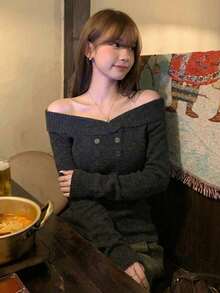 [Y6Y] 女士优雅露肩针织毛衣，长袖修身百搭套头衫，春季款 - 深灰色 - 查看 7