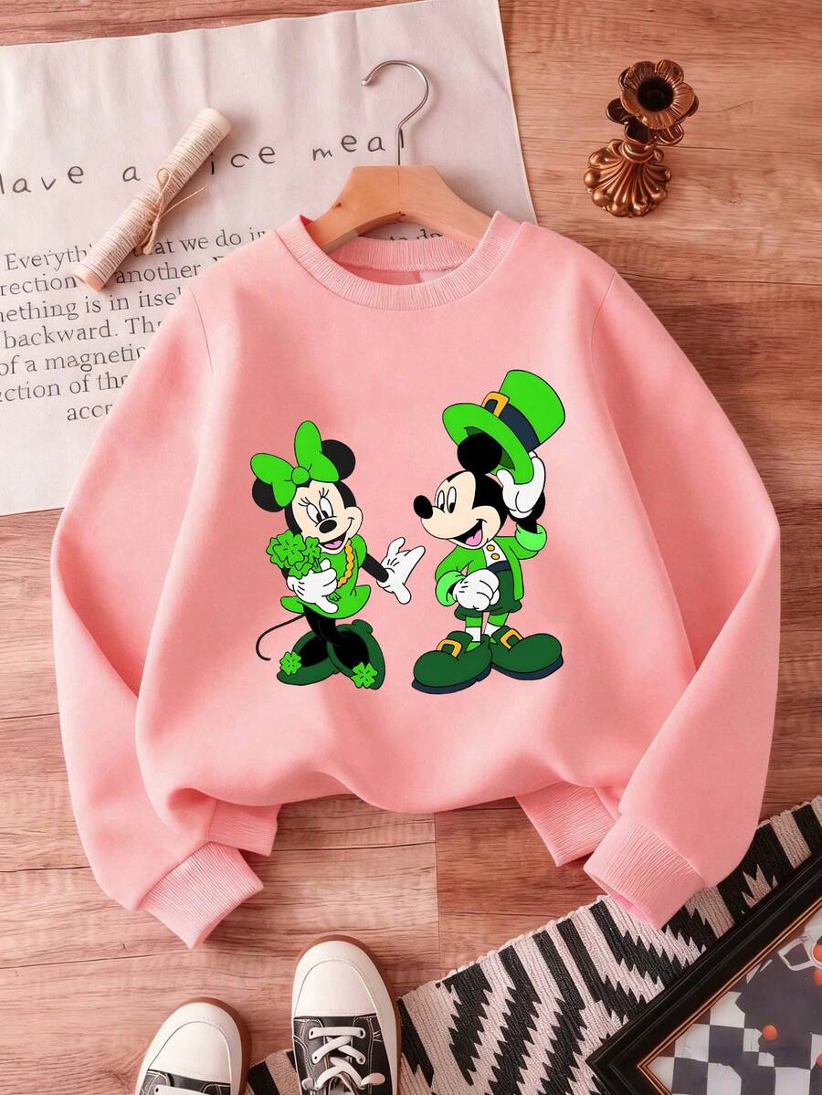 1pc Disney Saint Patrick's Day Mickey Mouse & Minnie Mouse Cheerful Shamrock-Themed Festive Pose Tween Girls Cute Sweatshirt (Soft & Skin-Friendly) - Perfect For Holiday Gatherings, Casual Outings & School Days - 粉色 - 查看 1