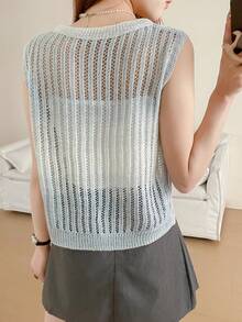 V-Neck Hollow Out Knit Vest For Women, Loose Vertical Striped Sleeveless Cardigan For Summer - Blue-gray - View 3