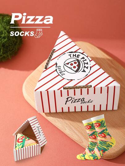 1 Pair Novelty Colorful Pizza Print Mid-Calf Socks Gift Box, Unisex Sports Socks, Spring/Summer New Arrival, Creative Food-Inspired Design