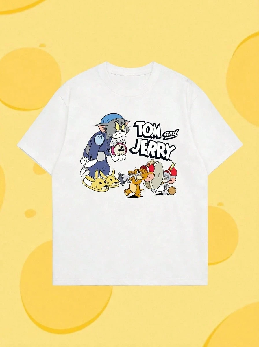 Whysmera SHEIN X Tom & Jerry 女士夏季新款趣味印花复古休闲短袖T恤，百搭实用，适合日常穿着、外出、校园、工作、朋友聚会、约会、休闲旅行等各种场合。 - 白色 - 查看 1
