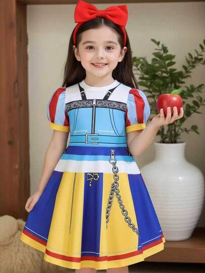 4-7 Years Old Girls' Dress, Puff Sleeve Design With Cute Cartoon Print Details, Fashionable And Stylish Dress For Family Outing, Casual Wear, Holiday Party, Daily Outfit