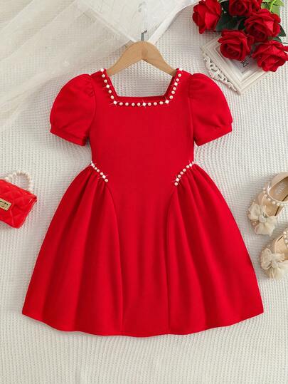 4-7 Years Old Girls' Sweet Princess Style Dress, Fashionable Beaded Square Collar Puff Sleeve Dress, Delicate Pearl Decor On Side, Suitable For Birthday Party, Party, Daily Outing, Park Play, Casual Wear