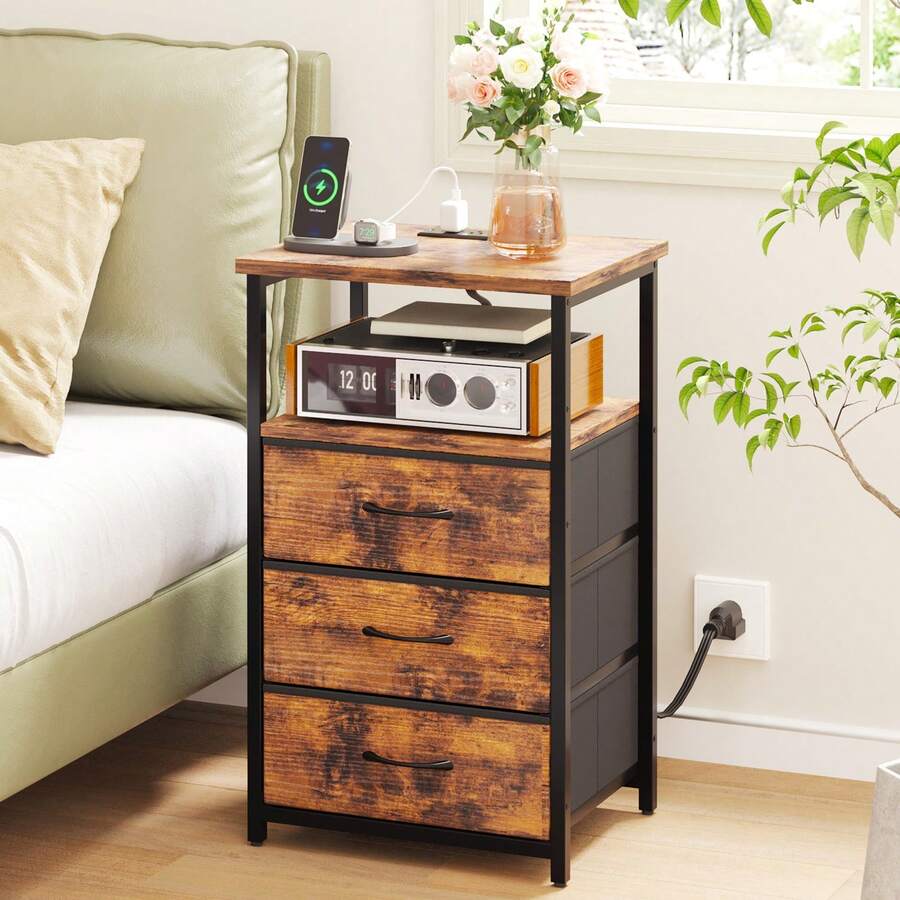 Tomnk Bedside Table With Charging Station, 3 Fabric Drawers Storage End Table, Modern Sofa Side Table For Bedroom Living Room, Bedroom Furniture - 查看 1