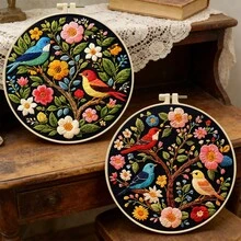 Colorful Floral Tree & Bird Embroidery Kit, Round DIY Cross Stitch Kit With Plant & Animal Patterns On Black Background, Includes Needles & Threads, Beginner Friendly, Home Wall Decor - Multicolor - View 8