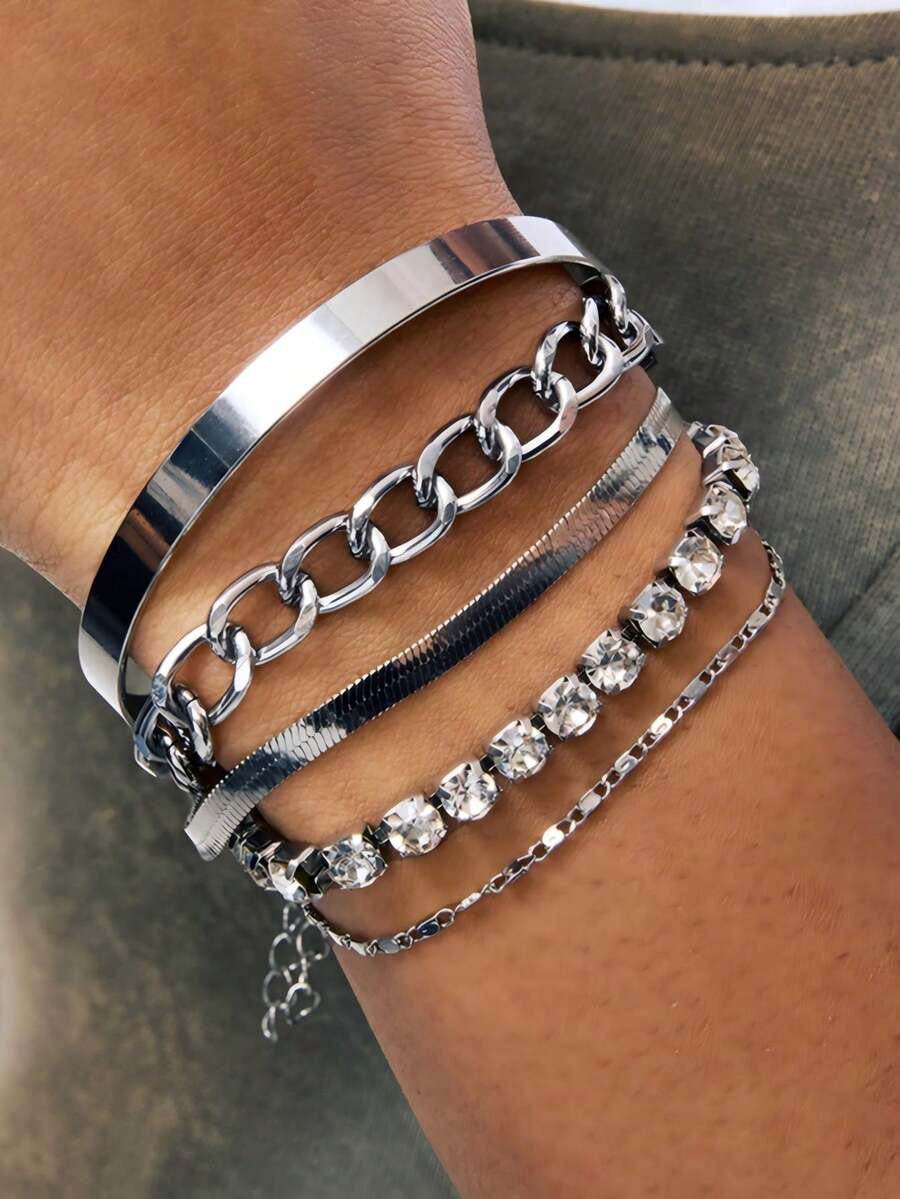 5 件/套波西米亚风格金手镯，串珠链多层手链，女士派对珠宝礼物 - 銀色 - 查看 1