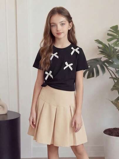 8-12 Years Old Girls' Versatile School/Casual 2-Piece Set: Black Short Sleeve Butterfly Decor T-Shirt + Light Peach Pleated Skirt, Breathable & Comfortable, Elastic Waist