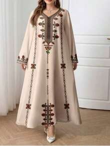 فستان ماكسي طويل بأكمام طويلة وطبعات عتيقة فضفاض مقاس كبير بياقة على شكل حرف V، مناسب لجميع المواسم - لون مشمشي - مشاهدة 1