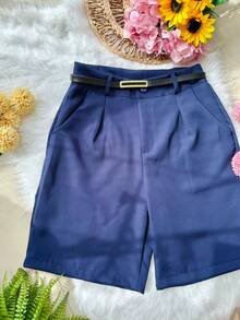 Women's Tailored Bermuda Shorts With Belt, Zipper, And Bag - 藏蓝色 - 查看 3