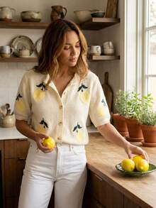 Women's Knit Crew Neck Short Sleeve Cardigan, Decorated With Buttons And Cute Lemon Embroidery, Fashionable Casual, Minimalist Versatile, Suitable For Spring/Summer Daily Commute - Yellow - View 4