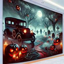 Halloween Glow Pumpkin & Vintage Car Backdrop Durable Polyester Photo Booth Scene Gothic Party Reusable Indoor Outdoor Decor Banners Ornaments - 彩色 - 查看 6
