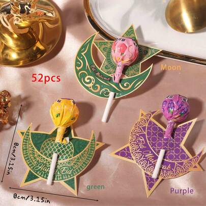 52pcs/Pack Eid Al-Adha, Eid Mubarak Festival Party Gifts Decorative Cards, Candy, Baking, Lollipop Decoration Papers