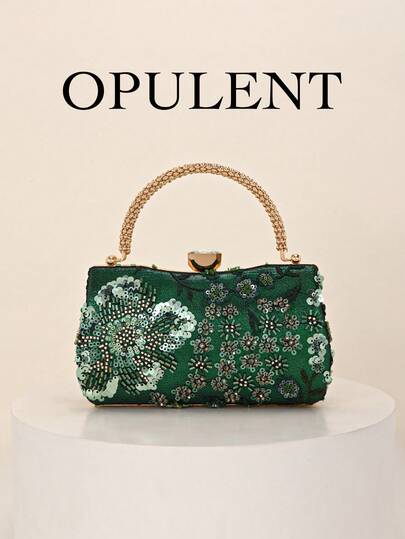 Elegant Shiny Multi-Color Leaf Pattern & Floral Patchwork Crossbody Bag, Vintage Chain Strap Evening Bag, Mini Square Box-Shaped Handbag In Olive Green, Suitable For Party Girls, Brides, College Students, Young Professionals, Applicable For Various Occasions Like Parties, Balls, Weddings, Perfectly Matched With Party Accessories, Pattern Sent Randomly