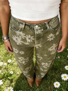 Women's Jeans With Pockets Stylish Floral Print Mid Rise Casual Barrel Leg Denim Pants - 綠色 - 查看 4