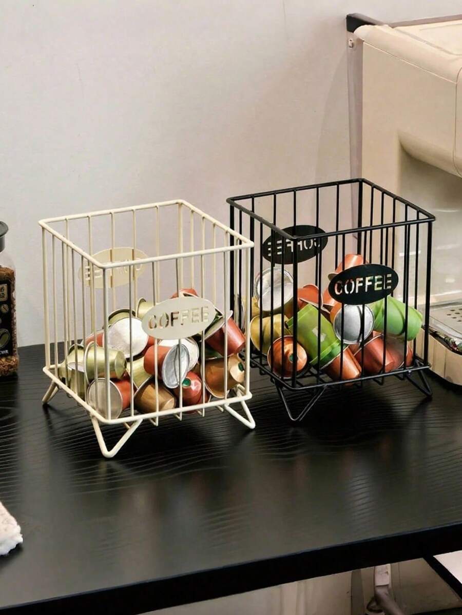1 pezzo Portacapsule per caffè in filo nero/bianco/dorato, portaoggetti in metallo di grande capacità, cestino portaoggetti per accessori da cucina, bancone dell'ufficio, bar del caffè, organizzatore per panna e sciroppo - Multicolore - Visualizzare 1